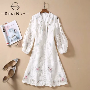 

SEQINYY White Dress 2020 Summer Spring New Fashion Design Women Linen Organza Flower Embroidery High Quality Mini Dress