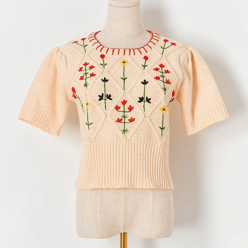 

Floral Crochet Apricot T Shirt Women Cropped Tops 2021 Summer Tops O-neck Puff Sleeve Knitted Womens Blouses and Tops