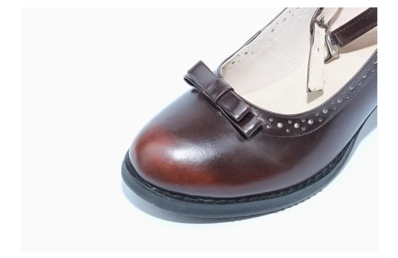 Japanese Buckle Strap Bow Women Oxford High Thick Heels Lolita Shoes British Genuine Leather Single Brogues Shoes Woman Size 43 (42)