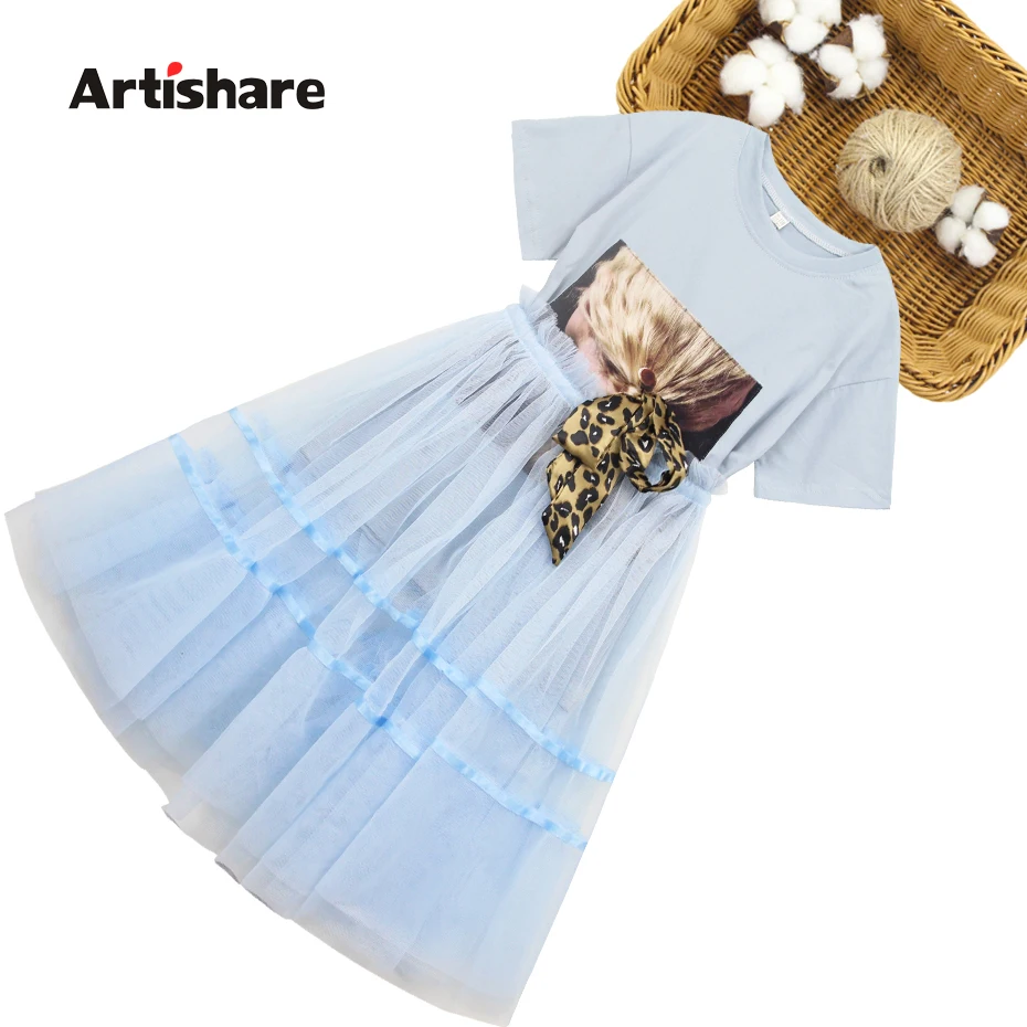 Girls Summer Clothes Floral Tshirt + Mesh Skirt Clothing For Big Bow Kids Girl Set Casual Style Children's Suits | Детская одежда и