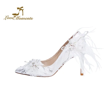 

Beautiful Feather Wedding Shoes White Satin Bridal Party Prom High Heels Pointed Toes Thin Heel Anniversary Event Shoes Glitter