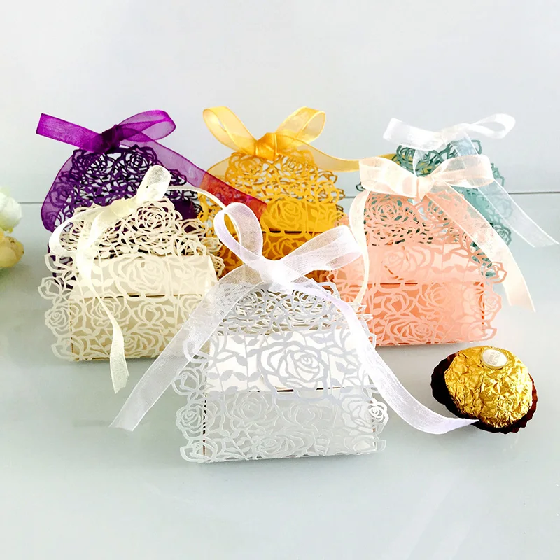 

10pcs Rose Flower Laser Cut Hollow Candy Boxes Carriage Gift Bags Favor Box With Ribbon Baby Shower Wedding Favor Party Supplies