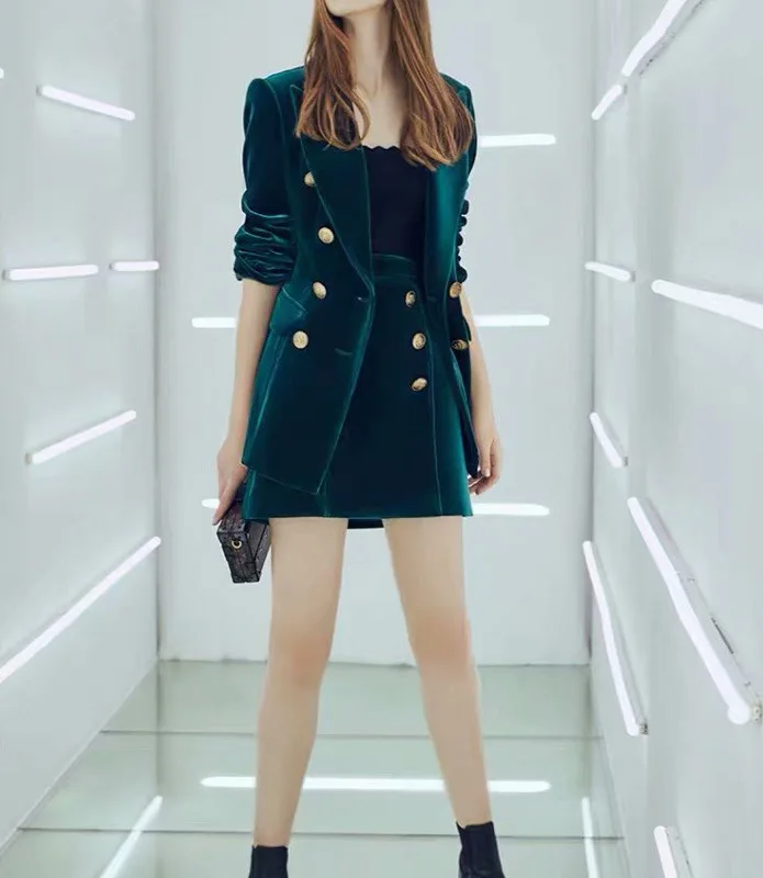 

High Quality New Designer Women Dress Long Sleeve Blazer Coat Jackets Tops Mini Skirt Elegant Office Lady Two Piece Sets Suit
