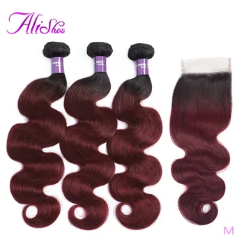 

Alishes 1b 99j two tone color Ombre Bundles With Closure Brazilian Body Wave Red Burgundy Bundles With Closure Remy Human Hair