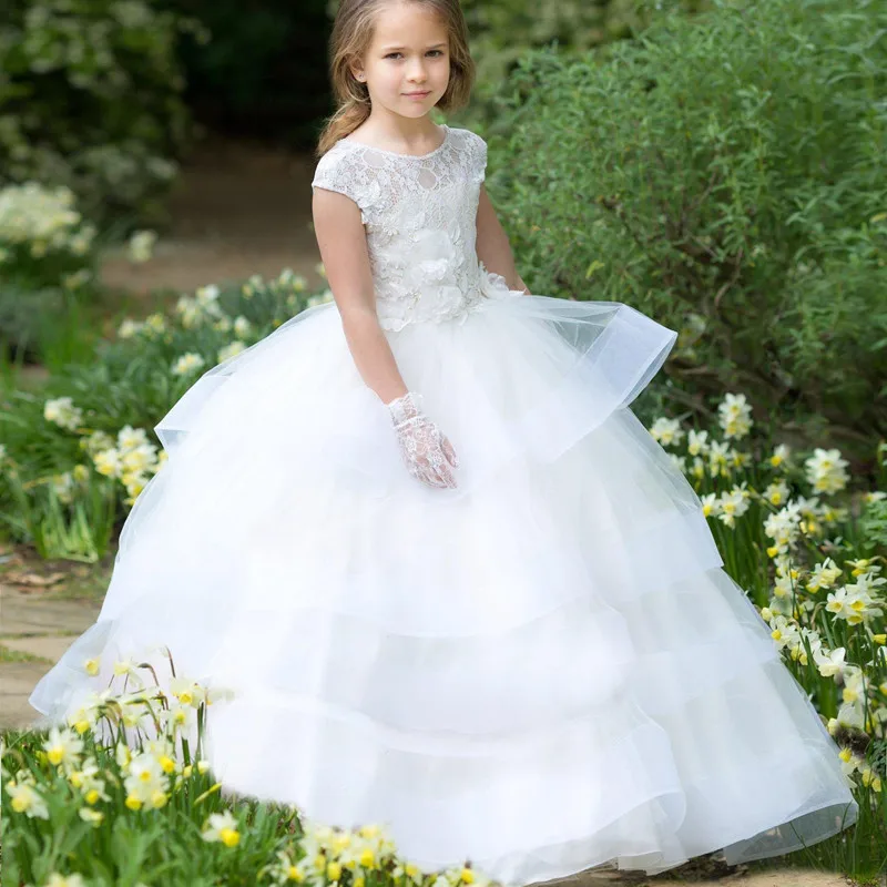 63White Flower Girl Dress Lace Wedding First Communion Baptism Princess Special Formal Occasion A Line Birthday Party Dress Ball Gown