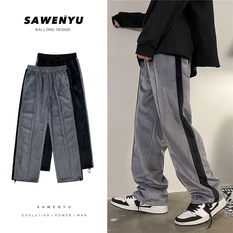 

Winter Plus Velvet Sweatpants Men's Warm Fashion Casual Pants Men Streetwear Loose Hip-hop Straight Wide-leg Pants Mens Joggers