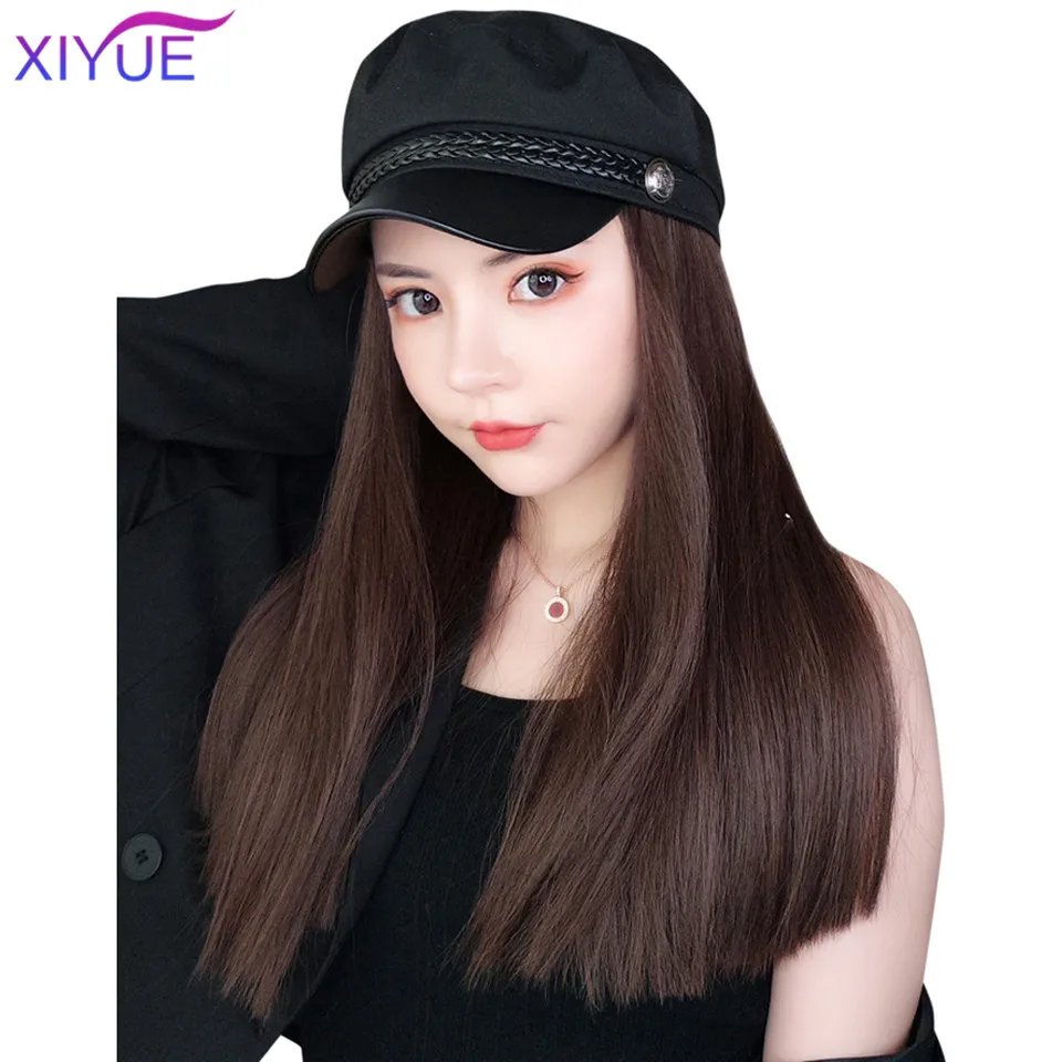 XIYUE Navy Hat With Hair Long Straight Fake Hair Hat Wig Synthetic Hair Extensions Hat With Hair Natural Hairpiece For Women