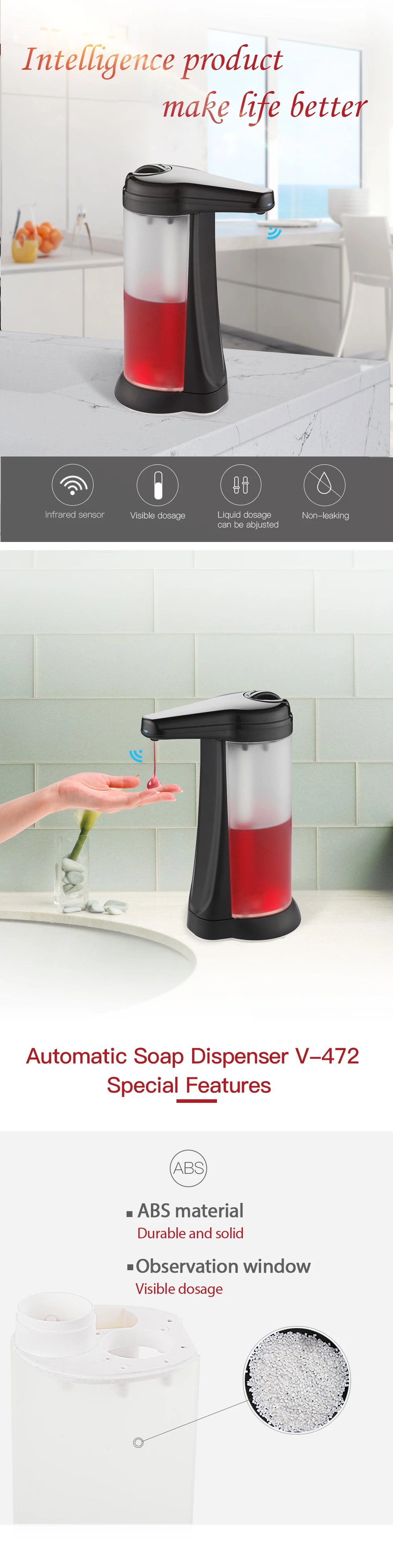 SVAVO Автоматический Дозатор для кухонного мыла 450 мл с регулируемым датчиком для мытья рук, автоматический дозатор для ванной комнаты