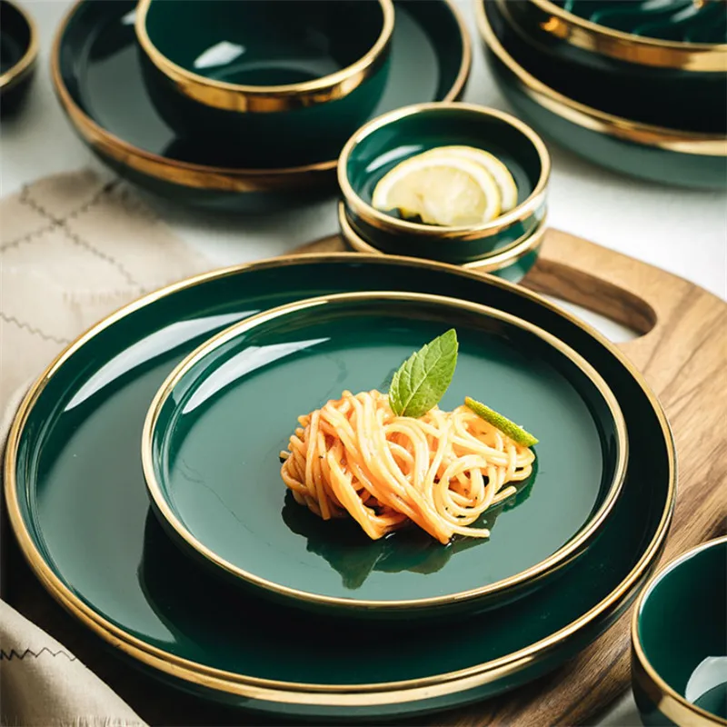 Зеленая керамическая тарелка из Пномпеня для стейка посуда в скандинавском