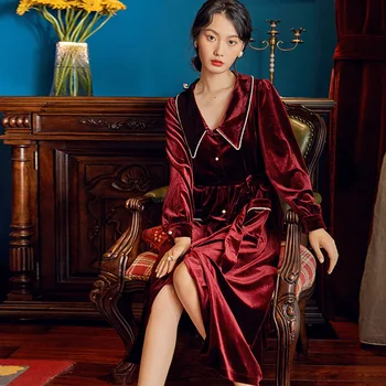 

Winter Fashion Gold Velvet Nightgown Solid Cardigan Lace-up Sexy Night Robe For Women Casual Loose Button Warm Women's Home Suit