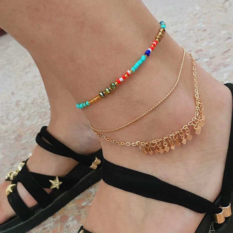 

docona Colorful Beaded Anklet Set for Women Gold Sequins Multilayer Anklet Set Bracelet Foot Chains Jewelry 8025