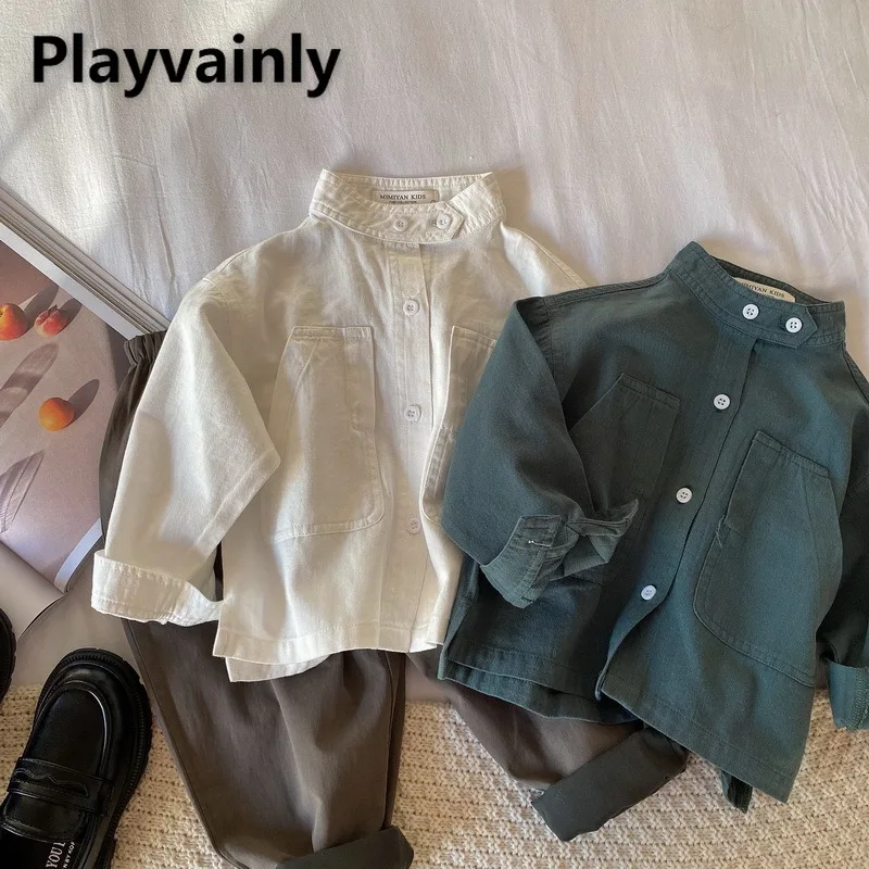 Baby Shirt New Korean style band collar Cotton Long Sleeve shirt coat Boys Girls Tops Baby Clothes 1-7Years E100269