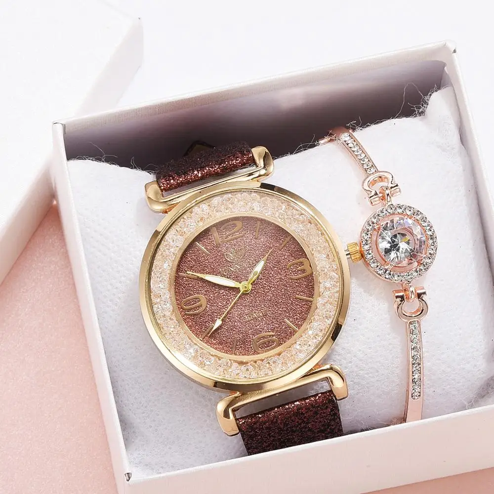 Brown With Bracelet Модные звездное небо, стразы, циферблат, женские наручные часы, кожаный ремешок, кварцевые часы, современные наручные часы для женщин, Relogio Feminino - Цвет: Brown With Bracelet
