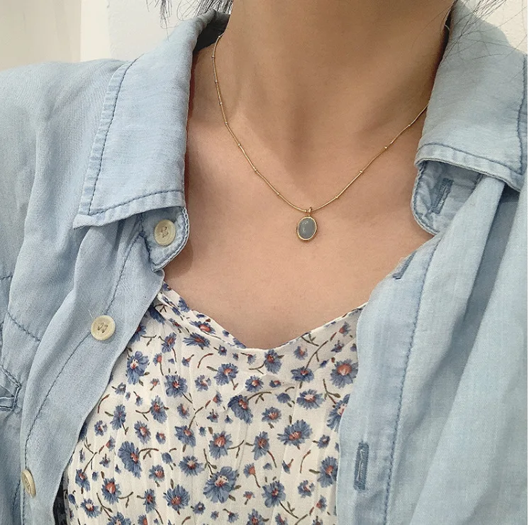 K1Star Sea Blue Oval Sea Blue Treasure Necklace Collarbone Chain Titanium Steel Gold Plated
