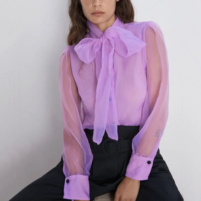 

Casual shirt female summer solid color bow decoration transparent gauze shirt