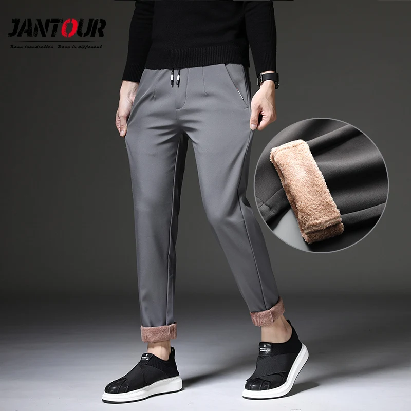 

Beand 2020 New Men's Winter Fleece Fluff Thicken Warm Casual Pants Men Business Straight Elastic Thick Cotton Gray Trousers Male