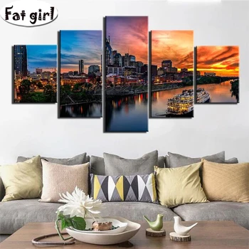 

Diamond embroidery city night view diamond painting diy Sunset glow and yacht cross stitch rhinestones square/round mosaic sale