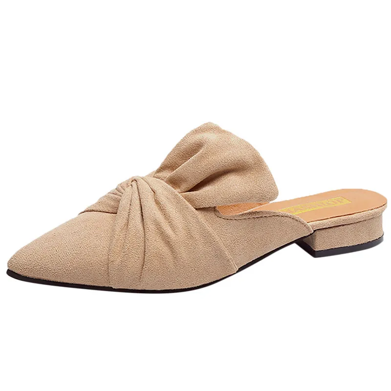 Beige JAYCOSIN/обувь на плоской подошве; женские шлепанцы; Модные балетки с острым носом и бантом из флока; обувь на низком каблуке; повседневная женская обувь - Цвет: Beige