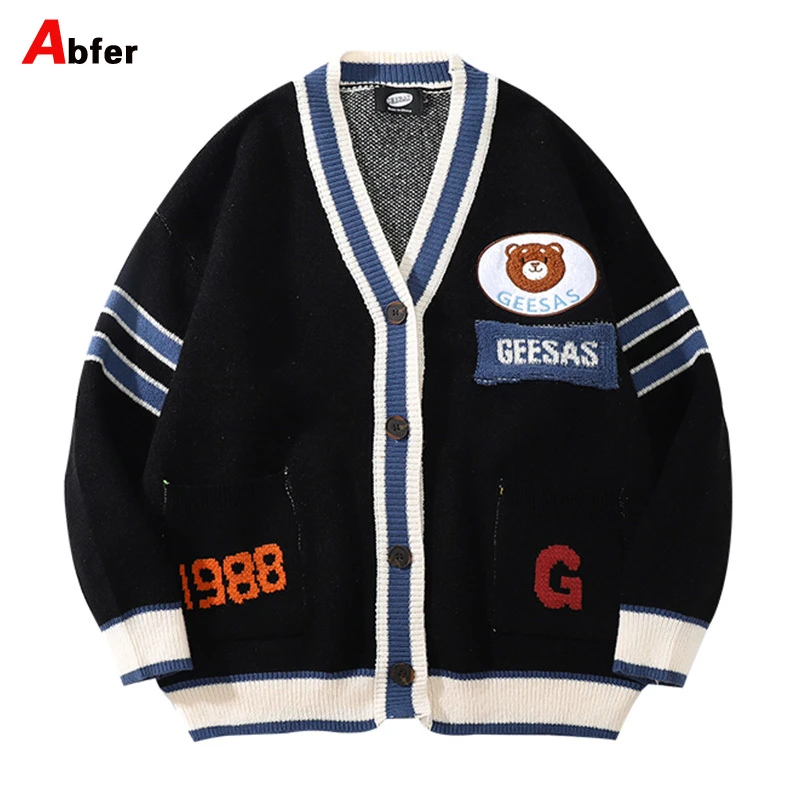 mens sweaters on sale Abfer Autumn Men's Knitted Cardigan Sweater Winter Clothes Kawaii Bear Embroidery Button-down Oversized Coat Harajuku Jackets black cardigan men