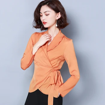 

9610 Solid Color V-neck Flounced Base Shirt Women Long Sleeve 2020 Spring New Style Tops Versatile Slim Fit T-shirt