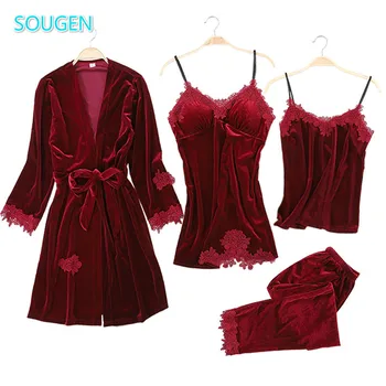 

SOUGEN 2019 Golden Velvet 4-piece Winter Warm Pajamas Set Ladies Sexy Lace Robe Pajamas Pajamas Set Sleeveless Pajamas Home