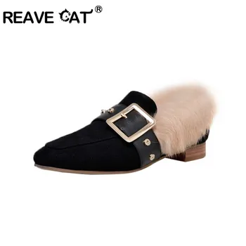 

REAVE CAT Woman Winter furry Pumps rabbit fur Pointed Toe low heels Square Heels Slip on shoes warm