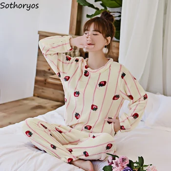 

Pajama Sets Women New Printed Korean Style Kawaii Flannel Loose Thicker Warm Winter Pajamas Pink O-neck Leisure Sleepwear Womens