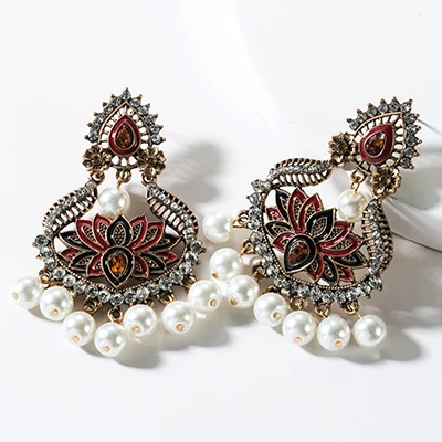 brown Рождество эмаль цветок лотоса ручной работы жемчуг бусины Индийский Jhumki Jhmuka серьги Мода корейский Рождество Свадебные вечерние ювелирные изделия - Окраска металла: brown