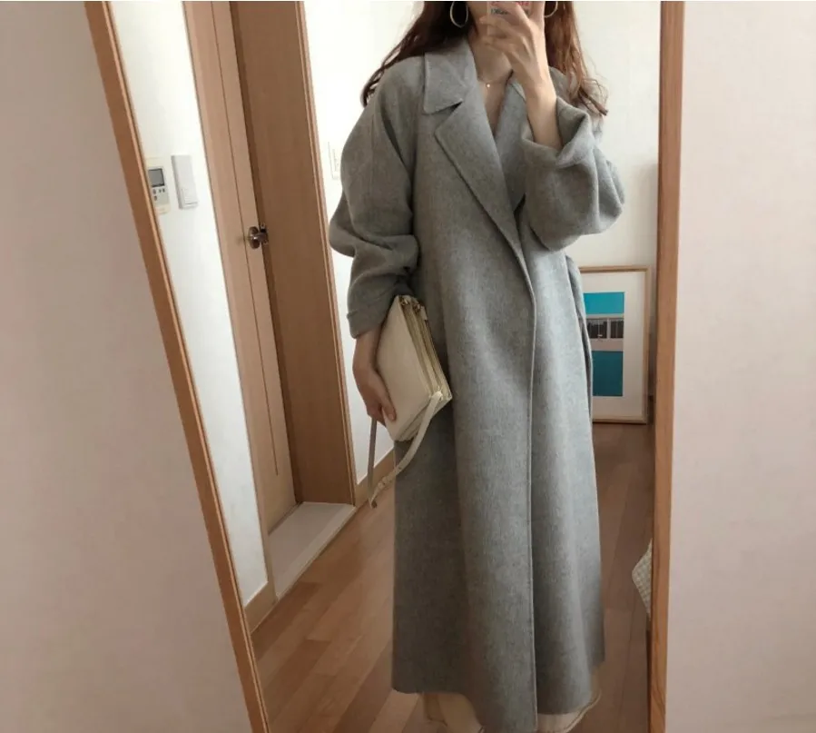 Хлопковое длинное шерстяное пальто для женщин, зимнее новое женское элегантное женское пальто с отложным воротником и поясом, шерстяное повседневное пальто Y8006