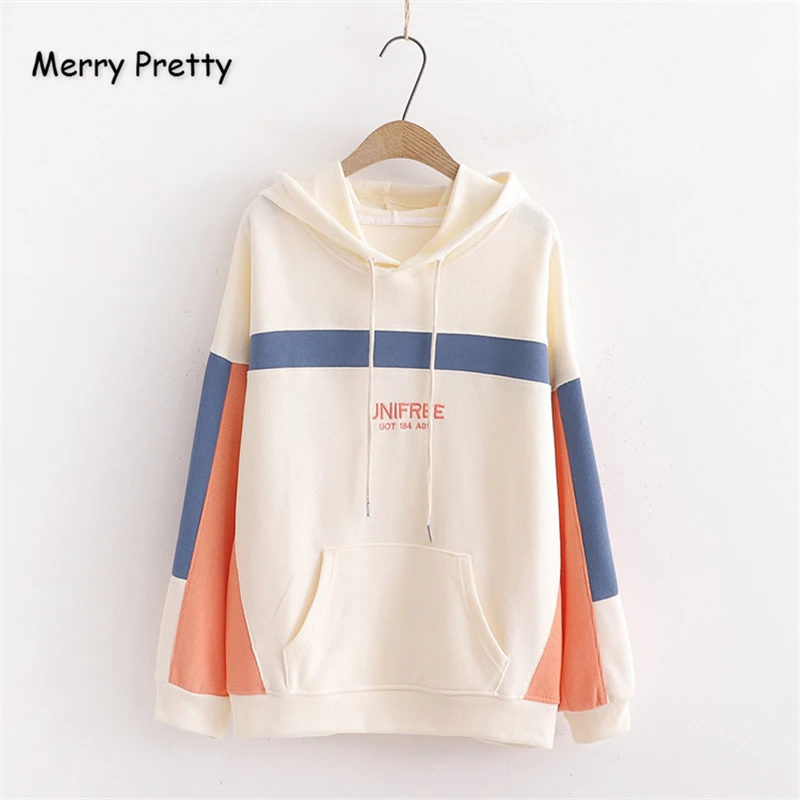 Merry Pretty, женские толстовки с капюшоном с вышитыми буквами и карманами,, зимние толстовки с длинным рукавом контрастных цветов, свободные пуловеры