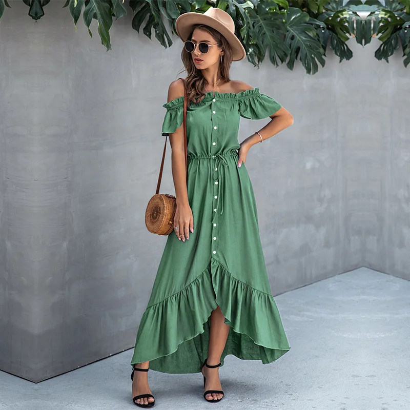 

Summer Solid Off The Shoulder Dress Women Casual Slash Neck Short Single Breasted Irregular Long Dress