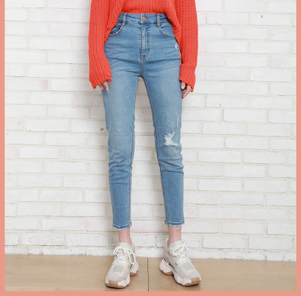 Autumn Winter Women Denim Skinny Pant Stretch High Waist Washed Blue Destroy/Rips Slim Elastic Lady Jeans