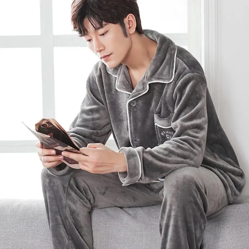 men pajama winter Мужской пижамный комплект осень зима теплая фланелевая утолщенная Коралловая флисовая пижама с длинным рукавом Повседневная одежда для сна Топ и штаны для отдыха - Цвет: men pajama winter