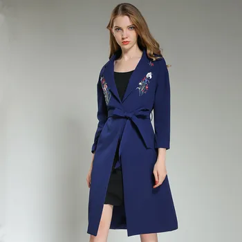 

E autumn and winter new European and American fashion exquisite embroidery Slim was thin strapped mid-length windbreaker wome