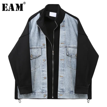 

[EAM] Women Black Denim Big Size Blazer New Stand Collar Long Sleeve Loose Fit Jacket Fashion Tide Spring Autumn 2020 1X175