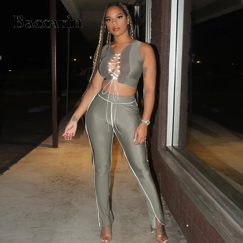 

Baccarin Patchwork Women Two Piece Set Crop Top Tanks Hollow Out Lace Up Bandage Flare Pants Slit Bodycon Sexy Streetwear Outfit