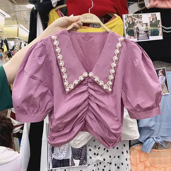 

puff sleeved beaded women blouse 2020 summer new turn-down collar short high waist sexy lady pulls tops