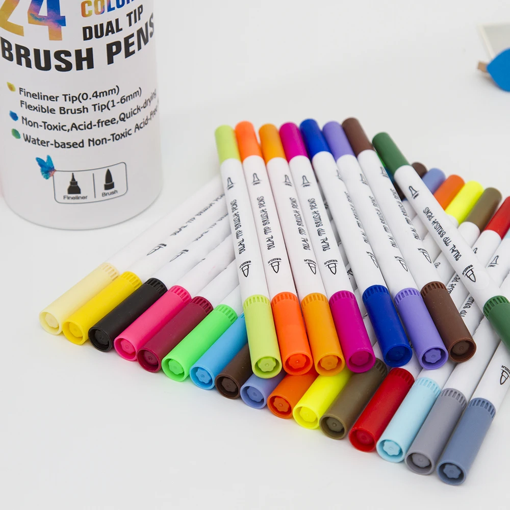 24 цвета, ручки с двумя кончиками, тонкие вкладыши, маркер, акварельные ручки, кисти, ручки для рисования, эскиз, для художественных маркеров, круглая подарочная упаковка