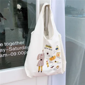 

Korean Cartoon Printing Canvas Tote Bags for Women Large Student Cotton Cloth Shoulder Shopping Bag Eco Reusable Shopper Bags