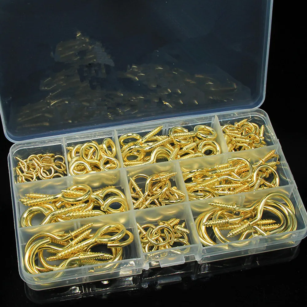 

Wholesale High Quality 140pcs Golden Home Lamp Cup Hook Mark Opening Dielectric Self Tapping Screws Eye Screw Hook Rings Set