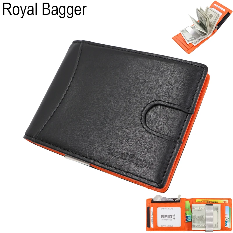 Royal Bagger супер тонкий слинг зажим для карт, держатель, короткий кошелек для мужчин из натуральной коровьей кожи, Rfid Противоугонный крутой клатч, сумки, кошельки