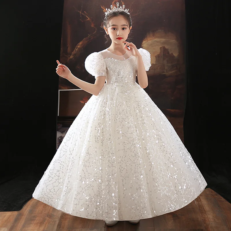 iixpin Kids Girls Shiny Sequins Flower Girl Dress Long Sleeves Wedding Birthday Party Princess Baptism Dresses 