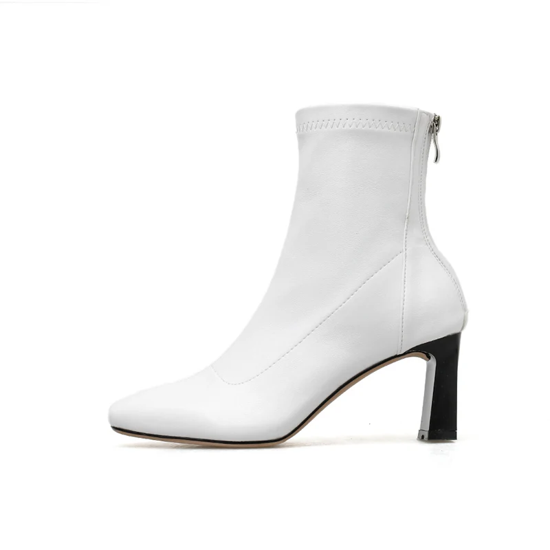 Модные роскошные Для женщин на высоком каблуке(7 см) носки Фетиш; кожаные ботинки с квадратным белый роскошные Ботильоны на каблуке каблучки ботинки с массивным каблуком