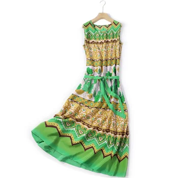 

100% Natural Silk Tank Dress Green Indie Folk A-Line Print Sleeveless Sashes Mid-Calf O-Neck Vestidos Largos De Verano
