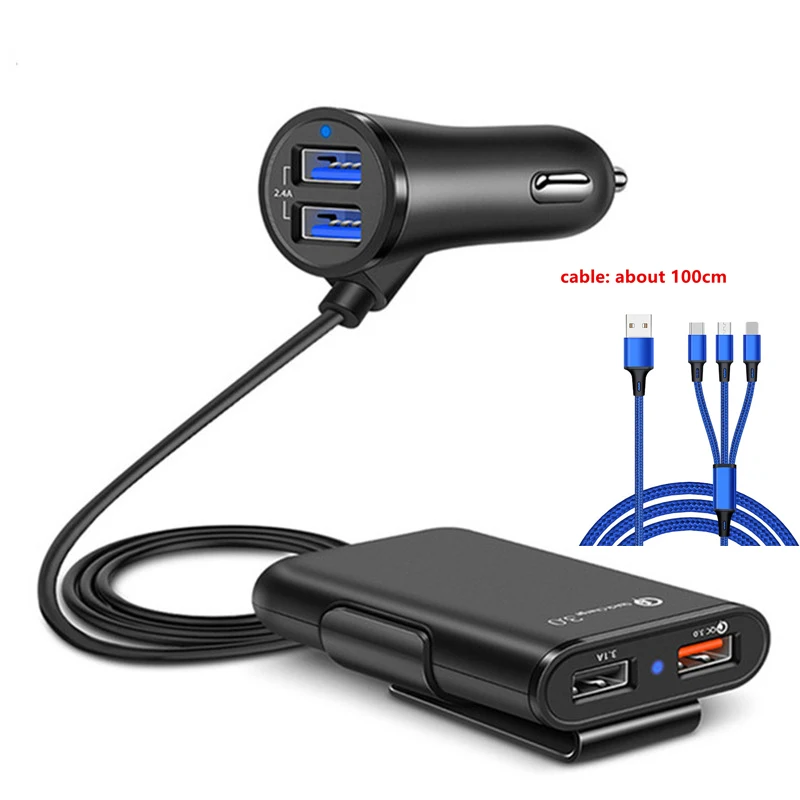 Автомобильный прикуриватель 4 порта QC3.0+ 2.4A+ 3.1A USB Автомобильное зарядное устройство Универсальный USB Быстрый адаптер с 5.6ft удлинитель Кабель для MPV - Название цвета: with 3 in 1 cable