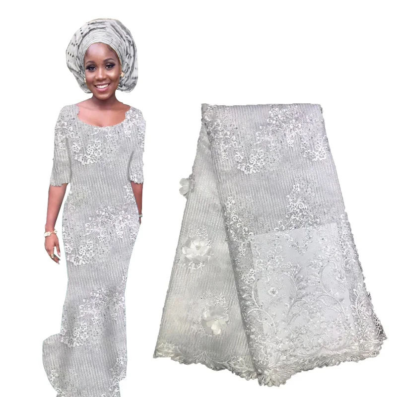 

High Quality African Laces Fabric with Beads 3d Flower Fabric Lace Nigerian French Lace Fabric for Woman 2019