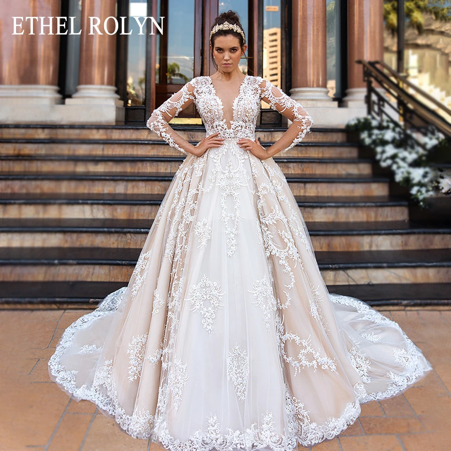 wedding dress for women ETHEL ROLYN A-Line Wedding Dress 2022 Long Sleeve Luxury Beaded Lace Appliques Sexy V-neck Princess Bride Gowns Vestido De Noiva bridal dresses