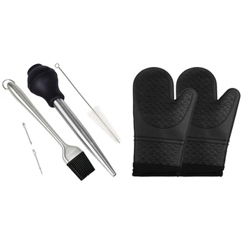 

1 pair Silicone Oven Mitts Potholders Non-Slip Textured & 1pcs Seasoning Pump Drip Oil Seasoning Tube with Barbecue Tool