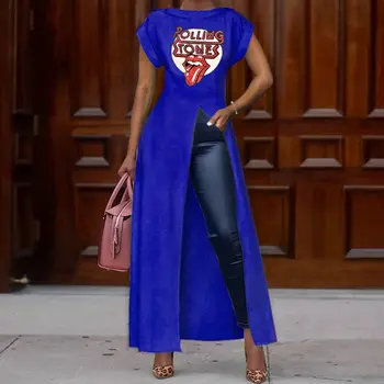 

Summer Short Sleeve Round Neck High Split Women Long T Shirt Big Plus Size 3XL Red Lips Printed Rock Ladies Streetwear Top White