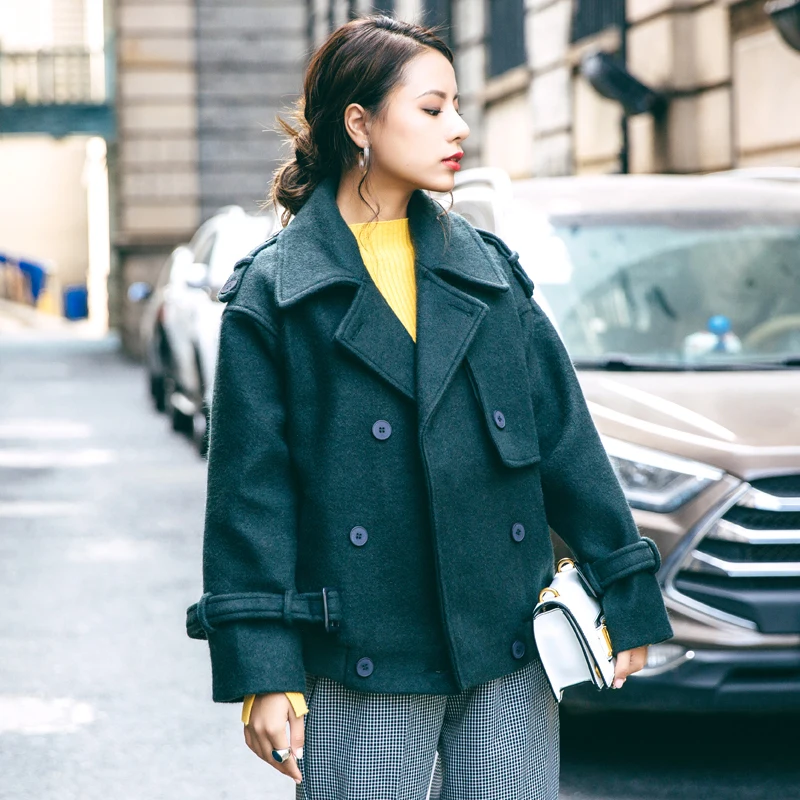 

TVVOVVIN Back Letter Printing Double-breasted Short Plus Women Woolen Coat Casual Simple Fashion 2019 Autumn Winter New F067